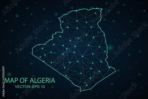 Map of Algeria from Polygonal wire frame low poly mash, contours network line, luminous space stars, design sphere, dot and structure. Vector Illustration EPS10.