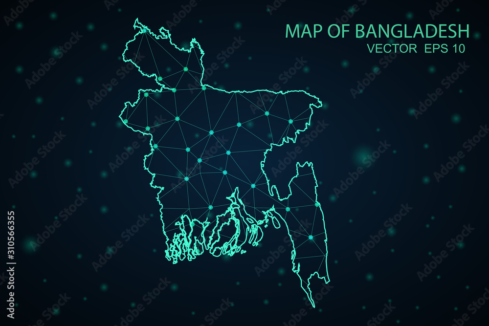 Map of Bangladesh from Polygonal wire frame low poly mesh, contours network line, luminous space stars, design sphere, dot and structure. Vector Illustration EPS10. Map of Bangladesh from Polygonal wire frame low poly mesh, contours network line, luminous space stars, design sphere, dot and structure. Vector Illustration EPS10.