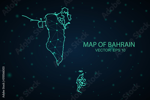 Map of Bahrain from Polygonal wire frame low poly mesh, contours network line, luminous space stars, design sphere, dot and structure. Vector Illustration EPS10.