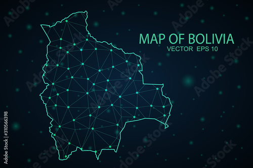 Map of Bolivia from Polygonal wire frame low poly mesh, contours network line, luminous space stars, design sphere, dot and structure. Vector Illustration EPS10.