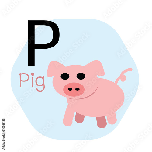 P for Pig alphabet, Cute Simple flat cartoon style vector