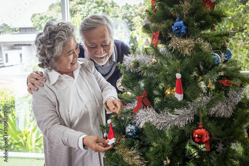 Couple of elderly man and woman happy with smile and help to prepare and gift or decorate Christmas tree in living room that decorated for christmas festival holiday concept © FrameAngel
