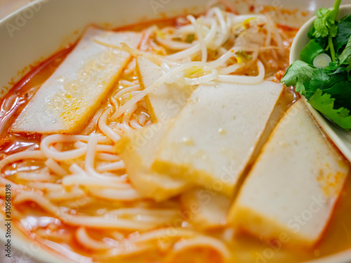 Close up shot of Myanmar style Mohinga noodle photo