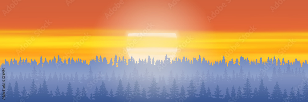 Fantasy on the evening landscape, taiga and the setting sun, bright sunset sky, vector illustration, EPS10
