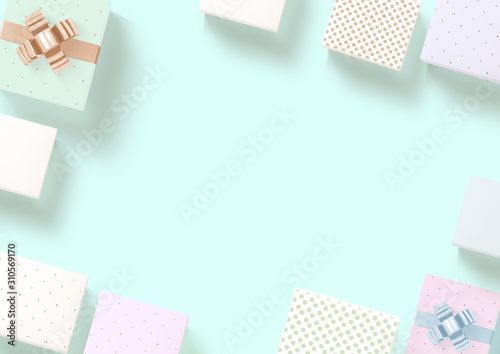 Pastel blue background with wrapped paper gift border