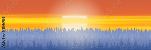 Fantasy on the evening landscape, taiga and the setting sun, bright sunset sky, vector illustration, EPS10