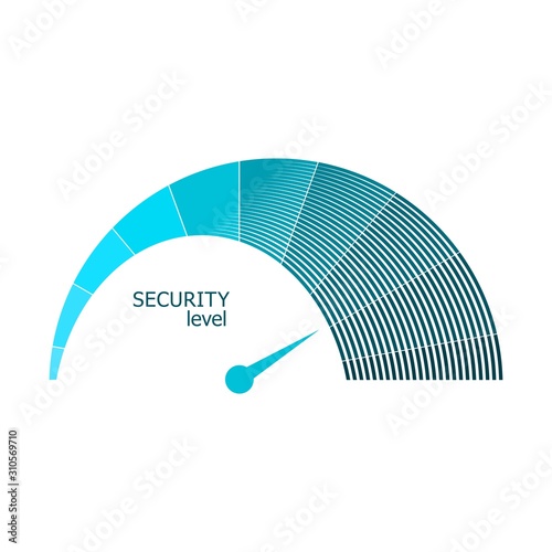 Scale with arrow. The security level measuring device icon. Sign tachometer, speedometer, indicators. Infographic gauge element.