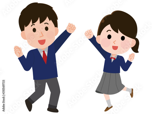 喜ぶ　ガッツポーズする男女　学生　イラスト