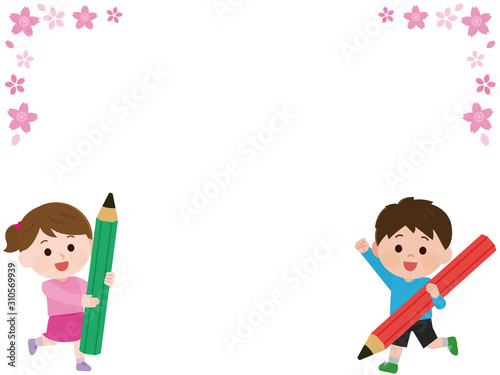 子供　桜フレーム　テキストスペース　イラスト