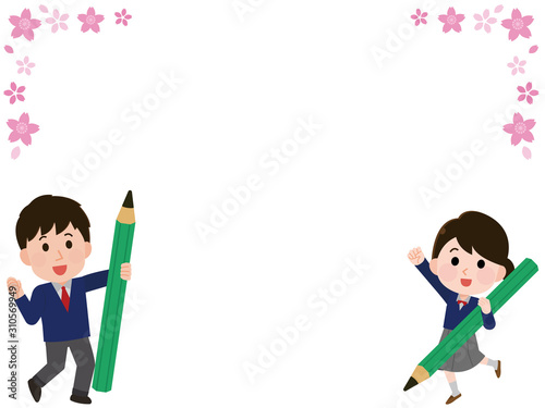 学生　桜フレーム　テキストスペース　イラスト