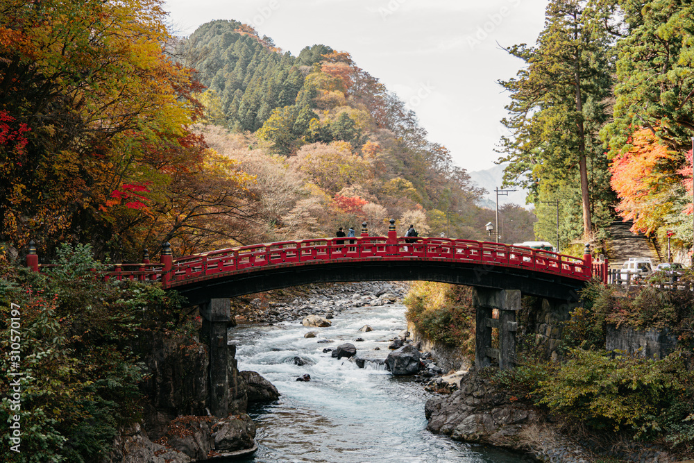 Japan Landscape , Shinkyo Bridge Nikko , Red way cross the water Japan Landscape , Shinkyo Bridge Nikko , Red way cross the water