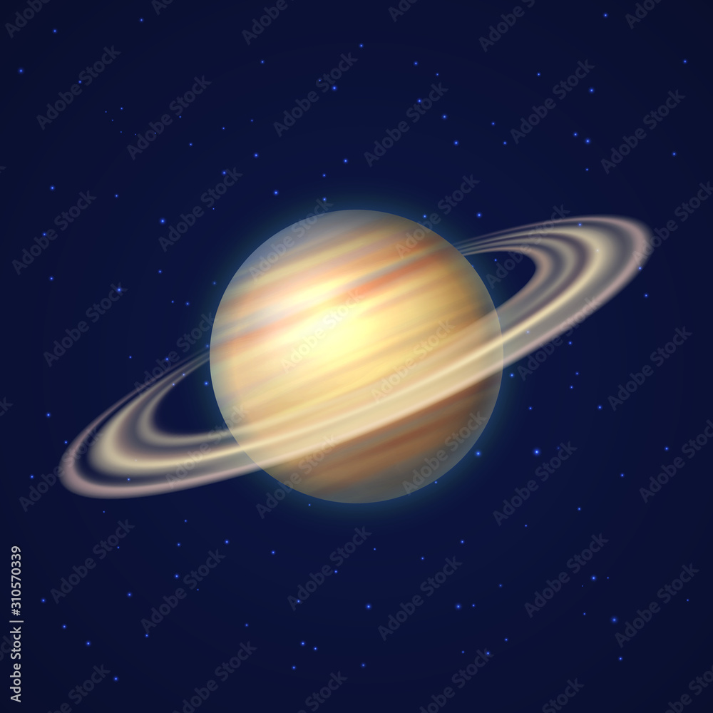 Saturn planet with rings of gas on deep transparent background. Sixth planet of solar system. Galaxy discovery and exploration. Realistic cosmic vector illustration for school education materials. - obrazy, fototapety, plakaty 