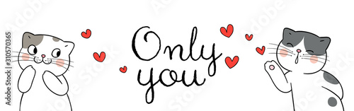 Draw banner couple love of cat fall in love with little heart.