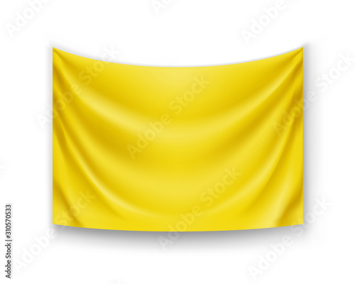 Realistic yellow banner for advertising or sale presentation. Blank rectangular flag template isolated on white background. Wavy fabric mockup with copy space. Branding object vector illustration