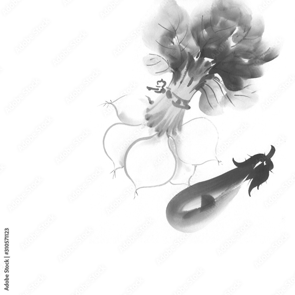 墨絵日本の四季 冬の味覚 蕪と茄子 Stock Illustration Adobe Stock