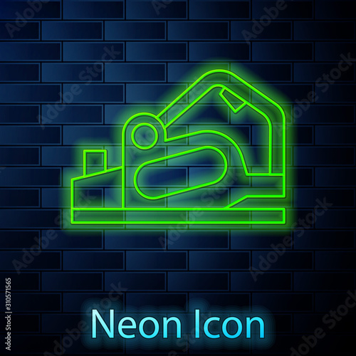 Glowing neon line Electric planer tool icon isolated on brick wall background. Vector Illustration