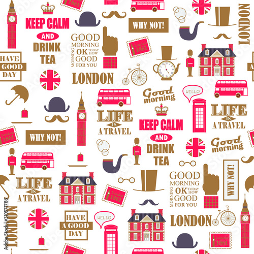 London travel background. British retro style newspaper vector  seamless pattern