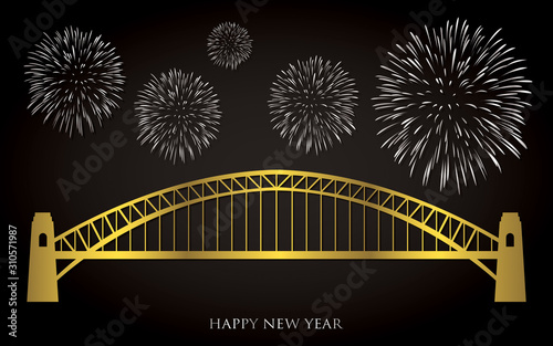 Elegant gold and silver Sydney fireworks card in vector format.
