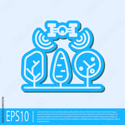 Blue line Smart farm with drone control and tree icon isolated on grey background. Innovation technology for agricultural company. Vector Illustration