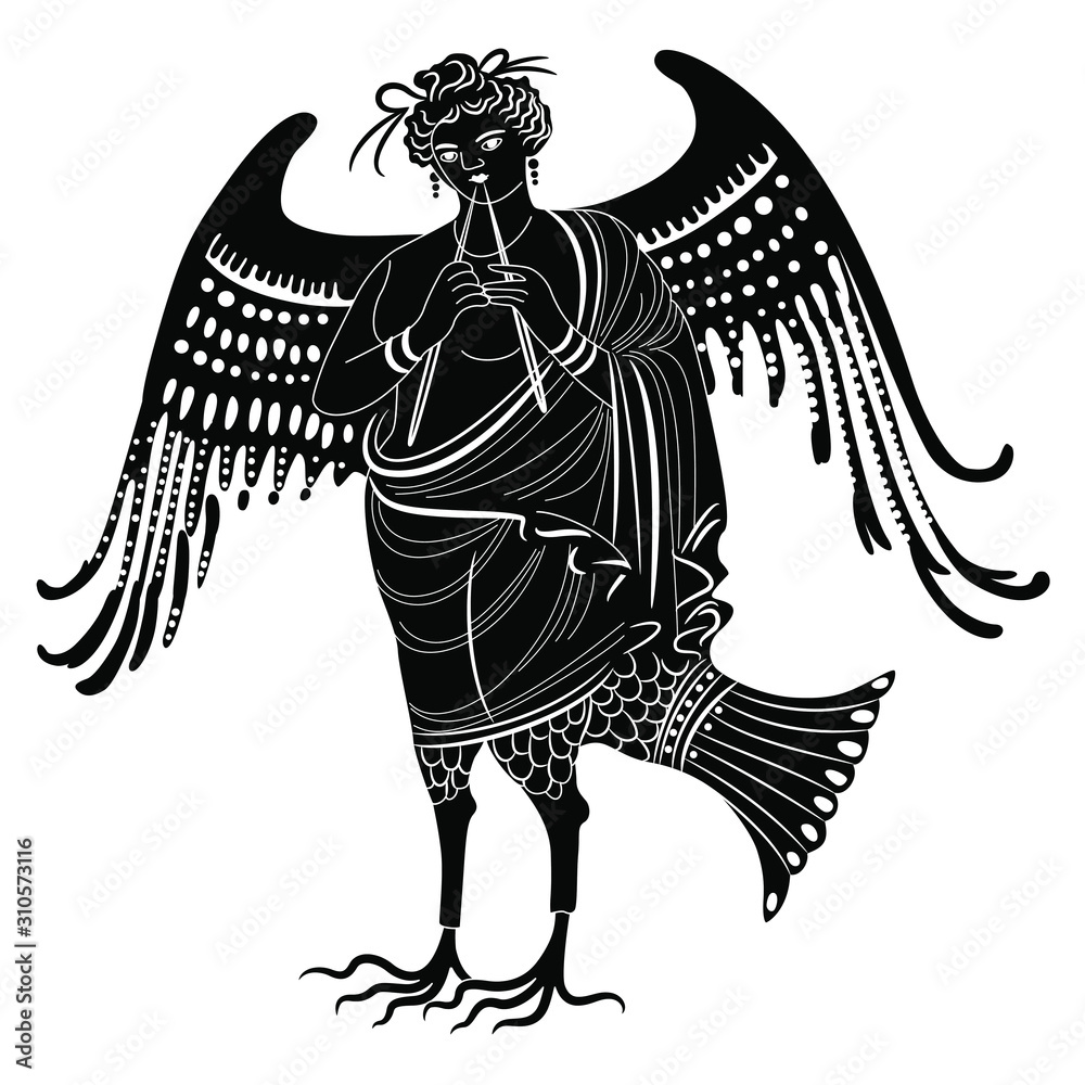 Vecteur Stock Isolated vector illustration. Ancient Greek winged Siren or  Harpy playing the flute. Fantastic mythological bird woman. Black and white  silhouette. | Adobe Stock