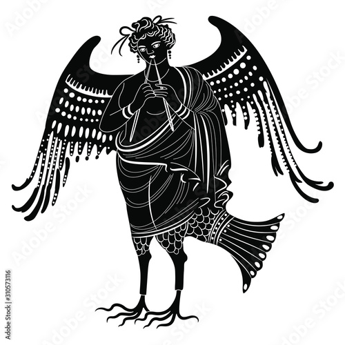 Isolated vector illustration. Ancient Greek winged Siren or Harpy playing the flute. Fantastic mythological bird woman. Black and white silhouette.