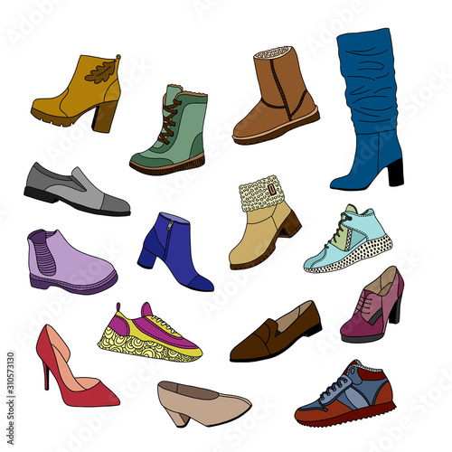 Set of shoes vector. Fashionable sneakers, shoes, boots. For women and men. Flat illustration. Cartoon isolated on a white background.