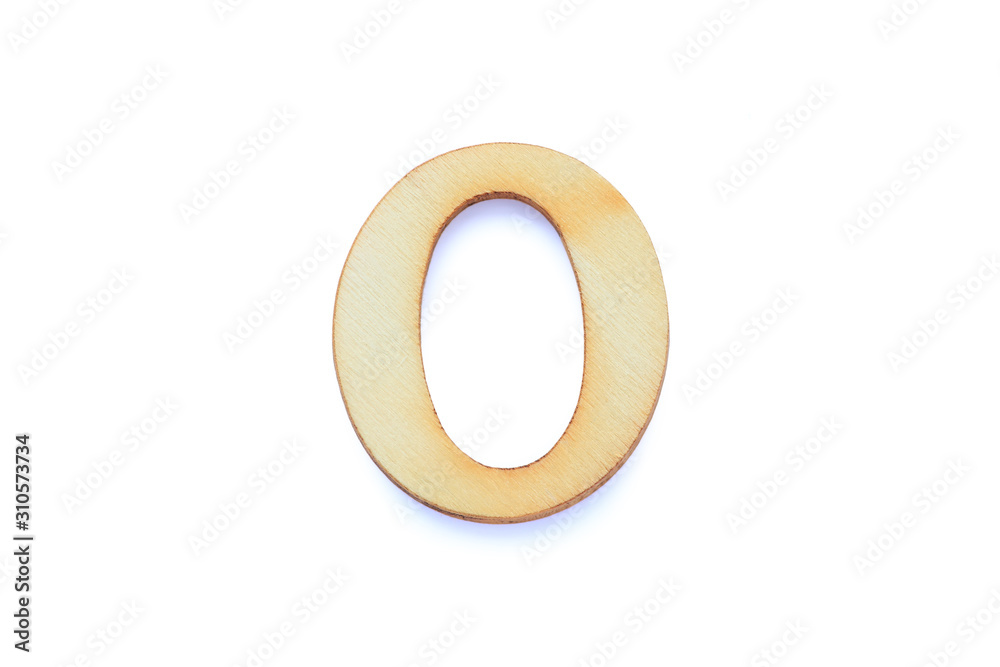Alphabet letter wooden font with shadow isolated over white background. English flat wood character O.