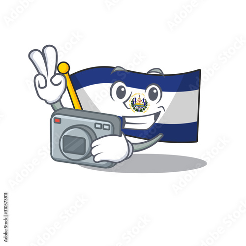 a professional Photographer flag el salvador Scroll mascot style with a camera