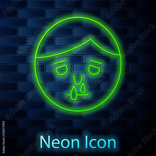 Glowing neon line Runny nose icon isolated on brick wall background. Rhinitis symptoms, treatment. Nose and sneezing. Nasal diseases. Vector Illustration