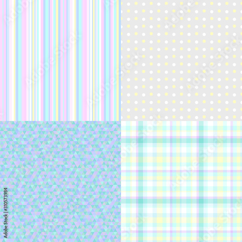 Set of light pastel textures. Seamless triangle pattern. Lined background. Geometric checkered texture. Dotted texture