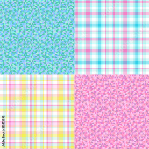 Set of seamless multicolored patterns. Abstract textures. Triangle pattern. Geometric checkered texture
