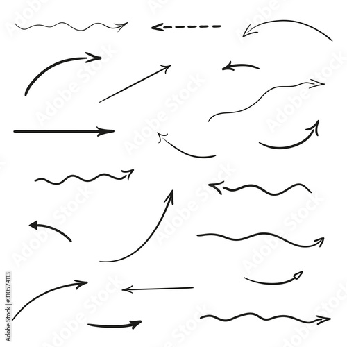 Arrow on isolated white background. Hand drawn wavy arrows. Black and white illustration