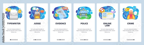 Mobile app onboarding screens. Crime and justice, gun in plastic bag, typewriter, witness and court judge, law. Vector banner template for website and mobile development. Web site design illustration