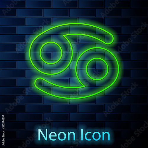 Glowing neon line Cancer zodiac sign icon isolated on brick wall background. Astrological horoscope collection. Vector Illustration