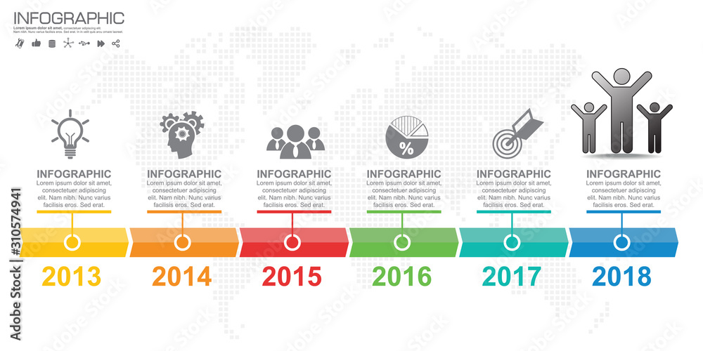 Timeline infographic template design with arrow and icons.	
