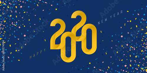 Happy new 2020 year. Ribbon gold text with paper confetti on blue background. Minimalistic template. Banner design for New Year. Vector Illustration.
