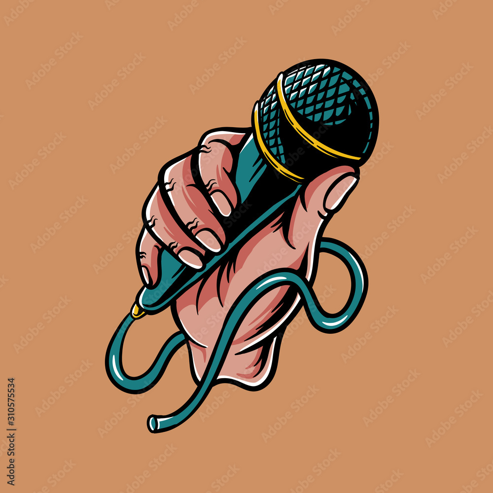 Vecteur Stock Hand holding a microphone illustration. vector art for thsirt  design, banner music fesitval, flyer, sticker, or poster | Adobe Stock
