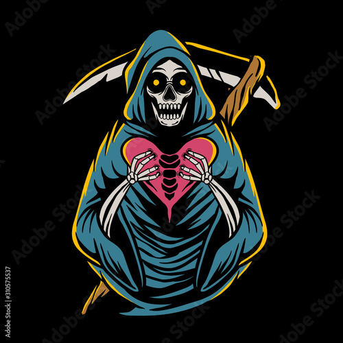 Grim reaper holding heart sign vector illustration. Skull design on the theme of Valentine's Day.  Hand drawn illustration for tshirt design, sticker, poster, banner, flyer or web landing page