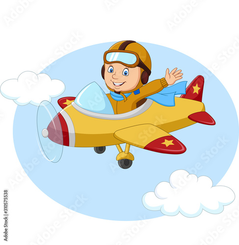 Cartoon little boy operating a plane