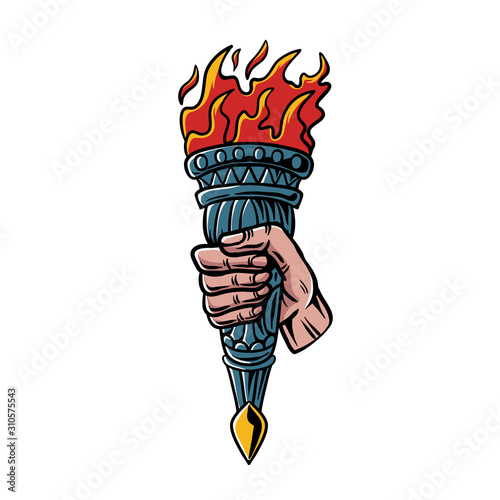 Hand holding flaming torch illustration. Pop art design of torch for tshirt, poster, sticker, banner,  web landing page, or poster