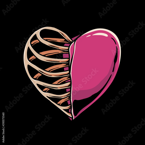 Heart and skeleton illustration. Love sign half of skull design. Valentines day illustratiion for tshirt design. sticker, banner, flyer, web landing page or poster