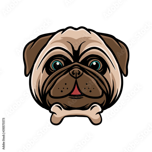 funny pug dog with bone vector illustration, happy pug logo design . animal for tshirt design , sticker, flyer, sticker, banner or poster