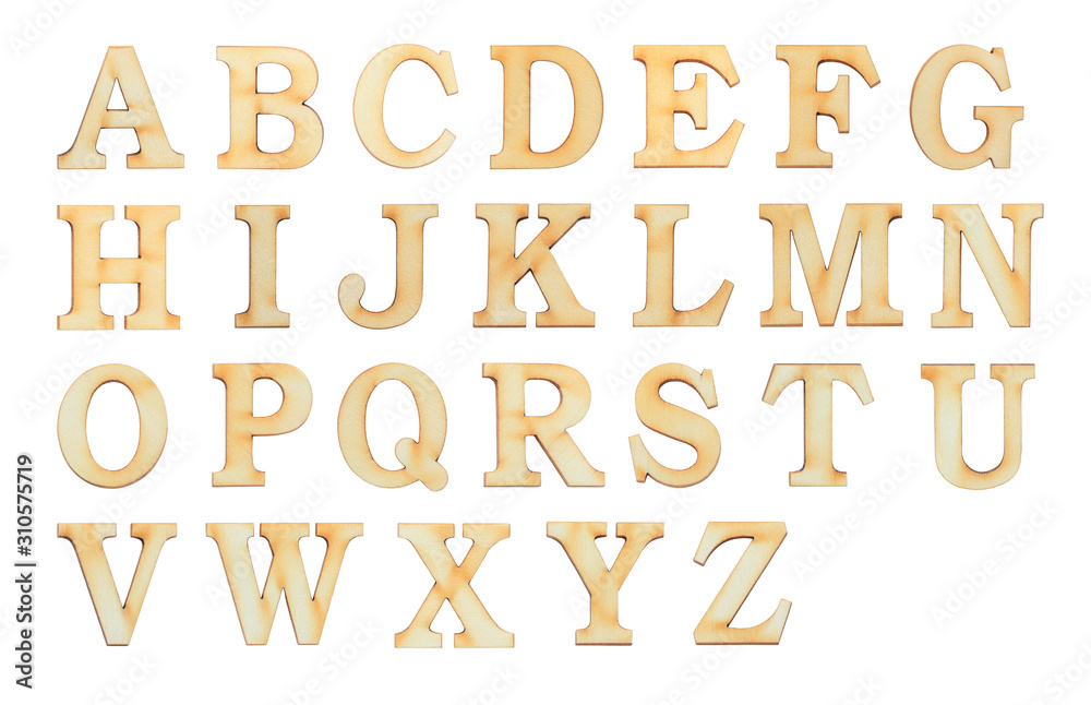 English alphabet letters set over white background. Set of flat wood character font.