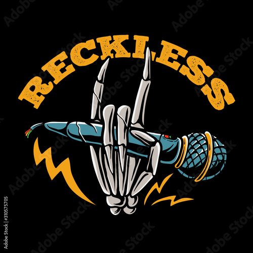 Skeleton hands holding microphone vector illustration. Skull design for tshirt, sticker, flyer, banner, poster or music festival