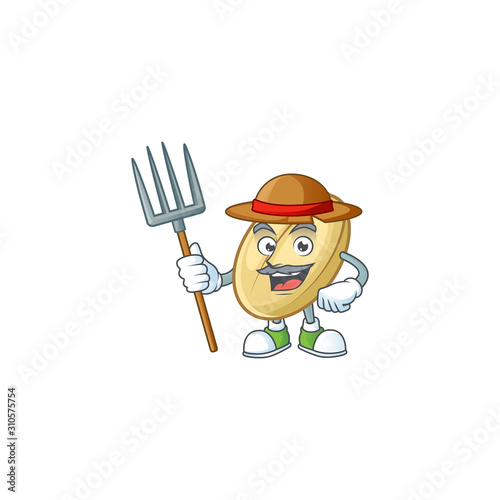 Happy Farmer split bean cartoon mascot with hat and tools