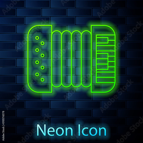 Glowing neon line Musical instrument accordion icon isolated on brick wall background. Classical bayan, harmonic. Vector Illustration