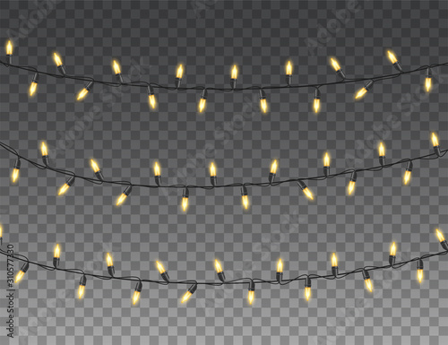 Christmas lights isolated realistic design elements. Glowing lights for christmas Holiday greeting card design. Garlands, Christmas decorations