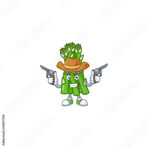 Smiling asparagus mascot icon as a Cowboy holding guns
