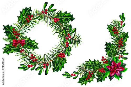 Christmas watercolor wreath and arrangement with Poinsettia