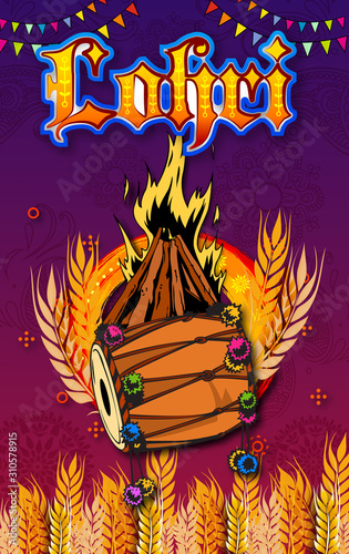 Happy Lohri illustration for Punjabi harvest festival holiday background - Vector